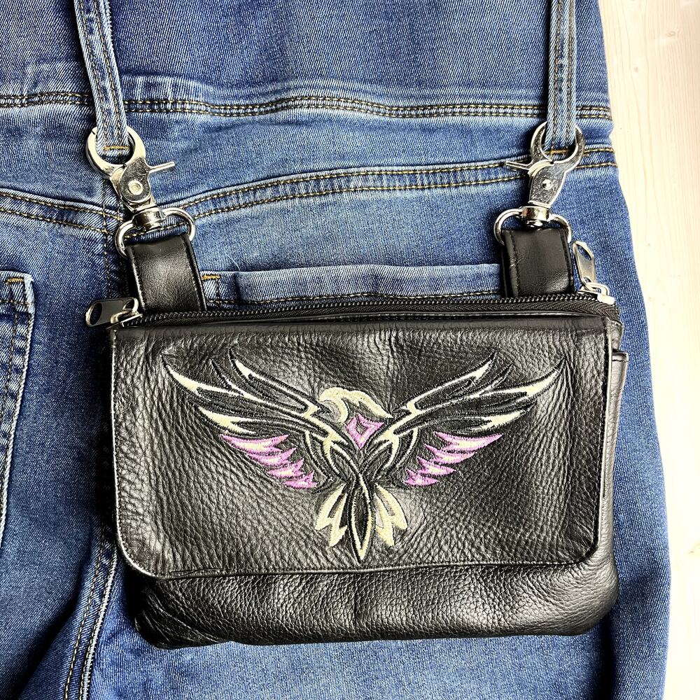 Tribal Eagle Embroidered Black Leather Clip-On Purse Fanny Pack 2 Compartments